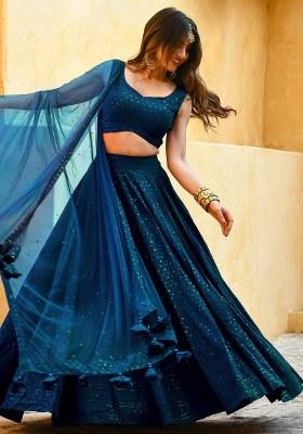 Blue With Dupatta Georgette Lehenga Set with Embroidered for Diwali | Wedding & Festive Wear