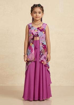 Pretty Magenta Purple Printed Crepe Mother Daughter Fusion Set | Twin In Charm