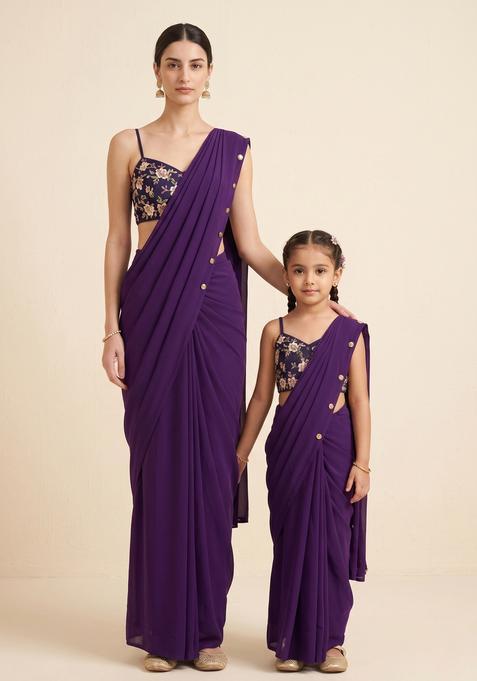 Timeless Purple Embroidery Blouse Crepe Mother Daughter Pre-Draped Saree Set | Drape, Dazzle, Twin
