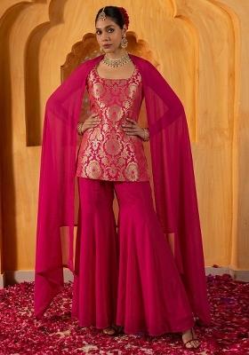 Twirl-Worthy Rani Pink Brocade Mother Daughter Sharara Set | Twirl Together