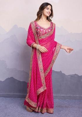 Pink Embroidered faux georgette Saree Set for Diwali and Festive Wear