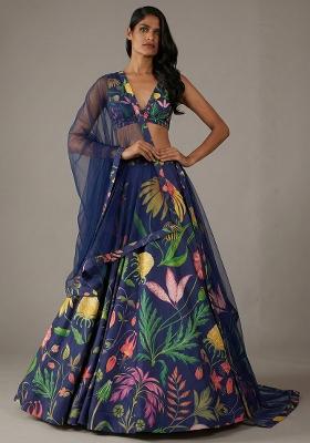 Royal Navy Blue Floral Print Satin Mother Daughter Lehenga Set | Twin In Royal Style