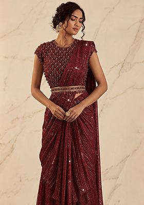 Burgundy Embroidered Handwork Pre Draped Saree Set
