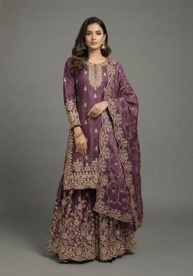 Voilet Embroidered Silk Sharara Set