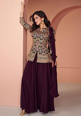 Wine Embroidered Georgette Sharara Set