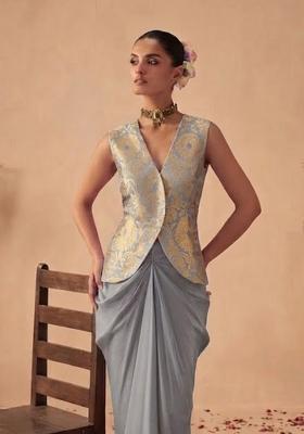 Slate Grey Brocade Fusion Set for Diwali and Festive Wear