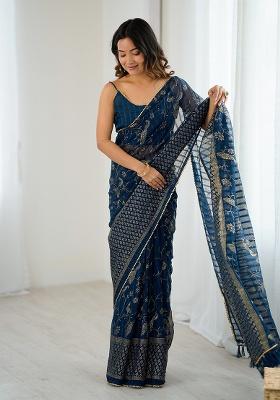 Morpeach Embroidery Silk Blend Saree Set for Diwali and Festive Wear