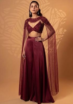Wine Red Satin Handwork Lehenga Set