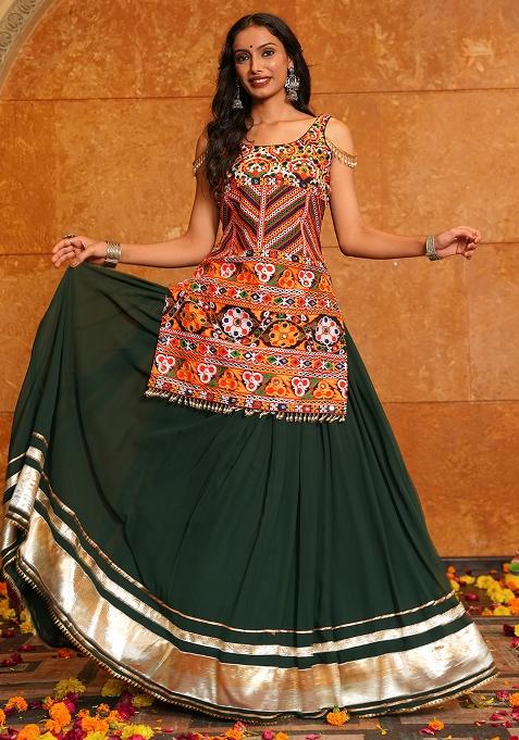 Green Embroidererd Georgette Chaniya Choli Set For Navratri And Garba for Diwali and Festive Wear