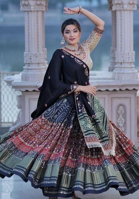 Multicolor Printed Silk Blend Chaniya Choli Set For Navratri And Garba for Diwali and Festive Wear