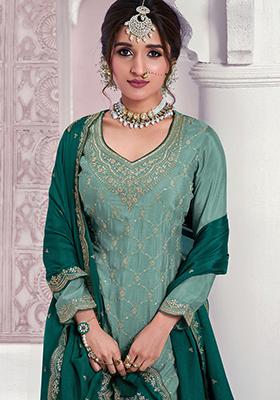 Turquoise Embroidered Chinon Sharara Set