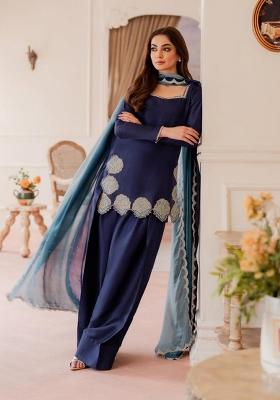 Navy Blue Emboidered Silk Sharara Set