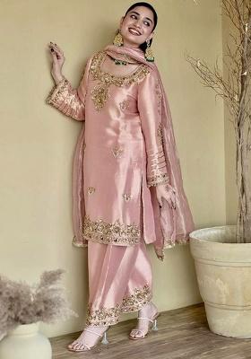Pink Embroidered Silk Blend Punjabi Suit