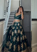 Green Sequin Thread Embroidered Satin Silk Blend Lehenga Set for Diwali and Festive Wear