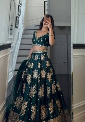Green Sequin Thread Embroidered Satin Silk Blend Lehenga Set for Diwali and Festive Wear
