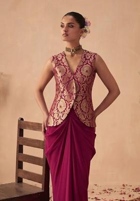 Deep Pink Brocade Fusion Set for Diwali and Festive Wear