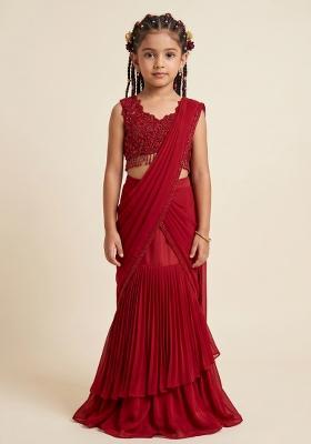 Graceful Red Crepe Handwork Mother Daughter Pre-Draped Saree Set | Drape, Dazzle, Twin