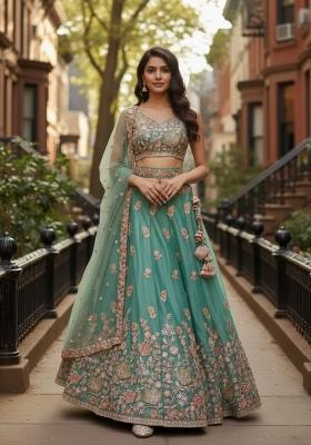 Sea Green Sequence Work Fendy Silk Blend Lehenga Set with Embroidery for Diwali | Wedding & Festive Wear