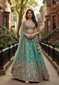 Sea Green Sequence Work Fendy Silk Blend Lehenga Set with Embroidery for Diwali | Wedding & Festive Wear