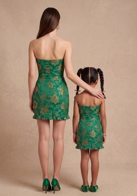 Sweet Green Embroidered Brocade Mother Daughter Dress | Twin In Sweet Style