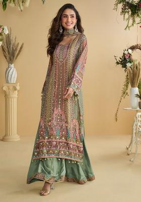 Sea Green Printed Silk Blend Pakistani Suit Set