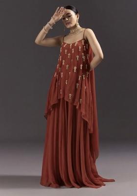 Pretty Brown Chinon Handwork Mother Daughter Fusion Set | Twin In Charm