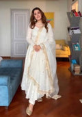 Off White Embroidered Silk Blend Anarkali Set