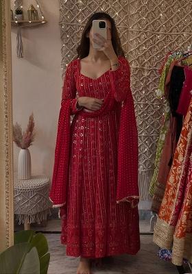 Red Embroidered Blended Anarkali Set