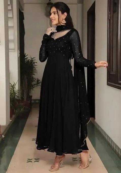 Black Embellished Georgette Anarkali With Dupatta