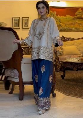 Blue Embroidery Silk Blend Salwar Kameez