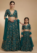 Dreamy Teal Blue Floral Print Crepe Mother Daughter Lehenga Set | Twin In Royal Style