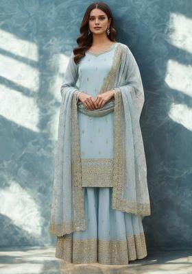 Blue Embroidered Silk Blend Sharara Set
