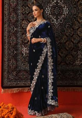 Blue Embroidered Viscose Saree Set for Diwali and Festive Wear