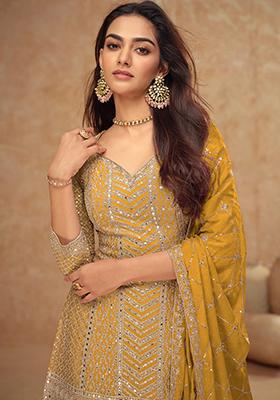 Yellow Embroidered Silk Blend Salwar Kameez
