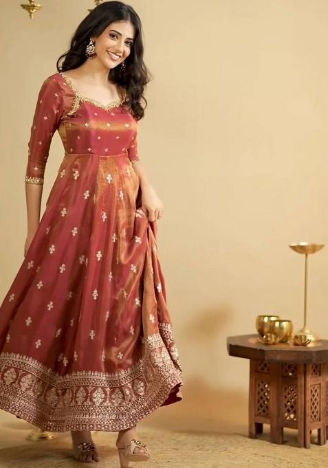 Orange Embroidered Silk Blend Anarkali Set