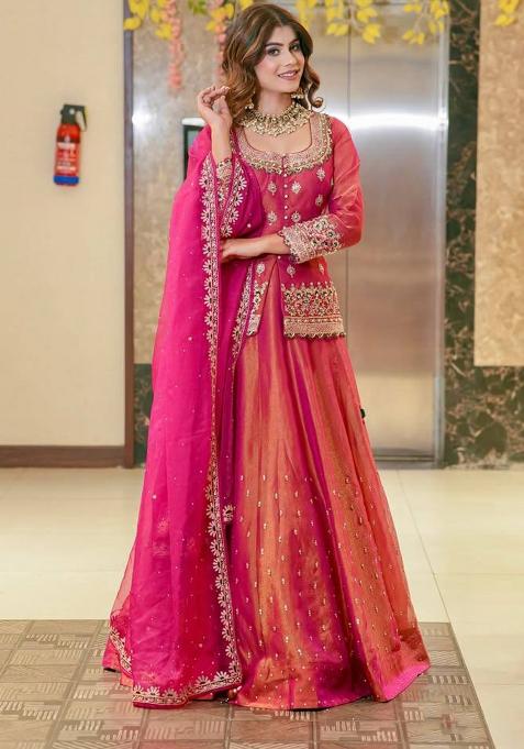 Pink Embroidered Silk Blend Lehenga Set