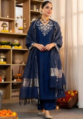 Petrol Embroidered Silk Blend Straight Kurta Set