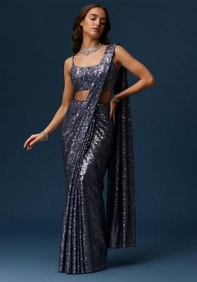 Deep Blue Sequin Net Pre Draped Saree Set for Diwali and Festive Wear