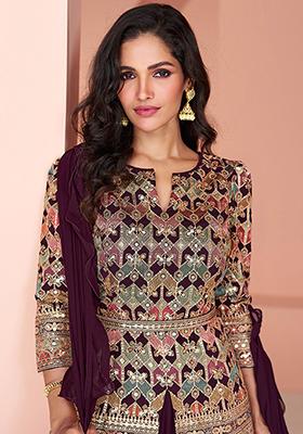 Wine Embroidered Georgette Sharara Set