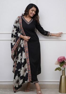 Black Solid Silk Blend Straight Kurta Set