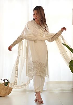 Off White Embroidered Georgette Straight Kurta Set
