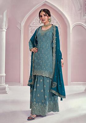 Teal Embroidered Chinon Sharara Set