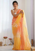Orange Yellow Silk Blend Saree Set with Embroidery for Diwali | Wedding & Festive Wear