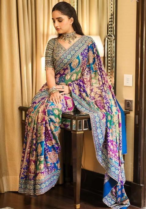 Blue Solid Silk Blend Saree Set for Diwali | Wedding & Festive Wear
