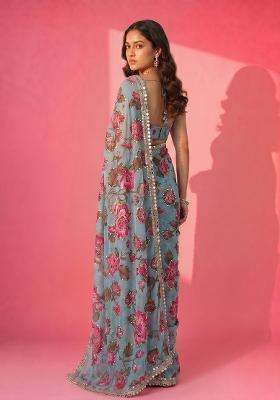 Sky Blue Motif Silk Blend Saree Set for Diwali | Wedding & Festive Wear