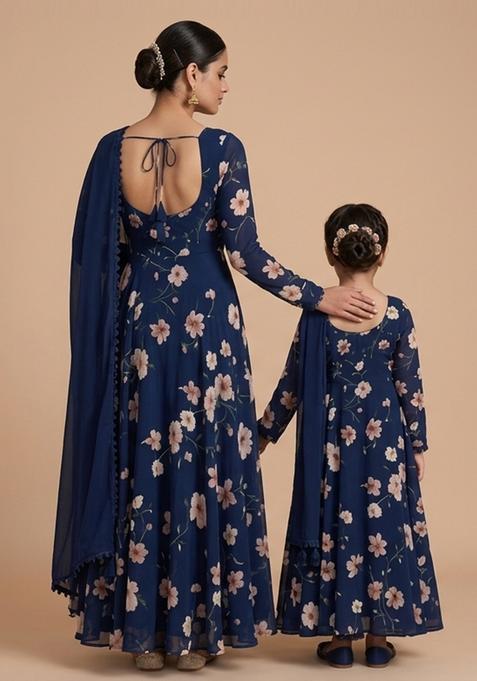 Graceful Navy Blue Crepe Floral Printed Mother Daughter Anarkali Set | Twin In Grace