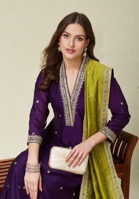 Purple Embroidered Silk Blend Anarkali Set