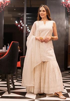 White Chikankari Cotton Sharara Set