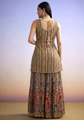 Brown Embroidered Crepe Sharara Set