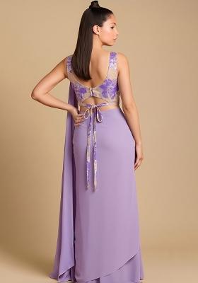 Lavender Organza Pre Draped Saree Set with Printed & Corset Blouse for Diwali | Wedding & Festive Wear